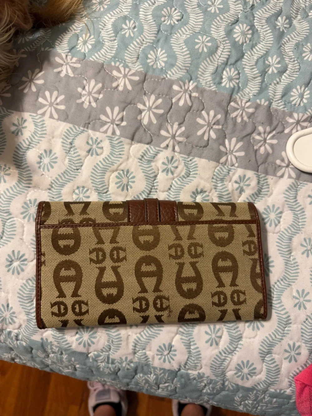 Etienne Aigner Signature Monogram Trifold Checkbook Organizer Wallet Brown